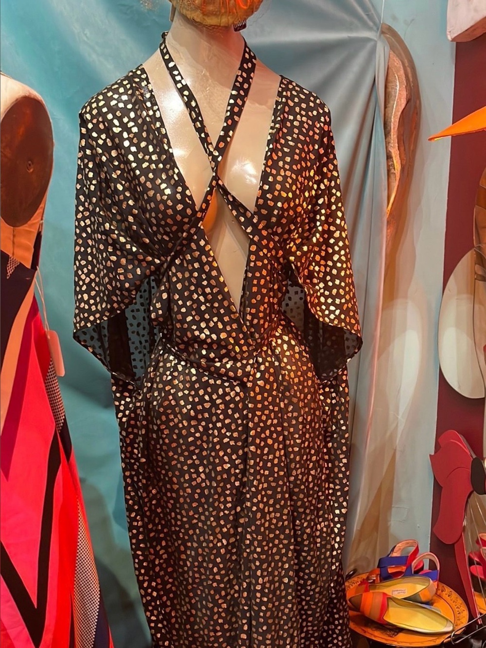 Sheer Kaftan Deep Plunge Neckline Gold and Black Print